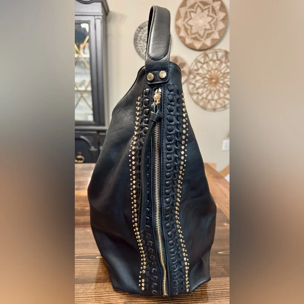 Moda‎ Luxe Large Black Studded Vegan Leather Hobo Bag with Whipstitch Trim